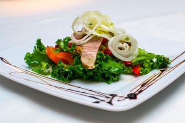 Cold boiled pork salad with green lettuce, tomatoes and pickled onions on a white plate with a close-up sauce. Restaurant serving.