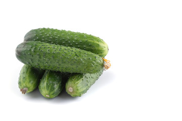 homemade green cucumbers on a white isolated background, free space