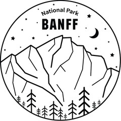 Banff National Park, Canada. Vector illustration of mountains. Travel and tourism. Print design with nature 