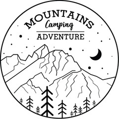 Vector illustration of mountains. Camping, adventure, trekking, hiking. Print design