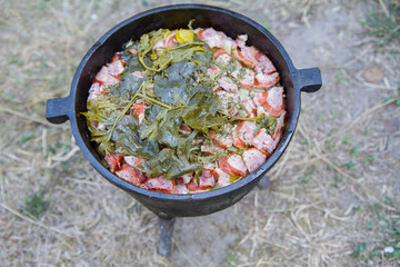Traditional one pot dish of meat and vegetable done in a cast iron cauldron over a bonfire