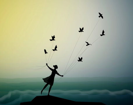 girl silhouette is flying and holding pigeons above the storm waves, marine storm landscape, fly in the dream, shadows,