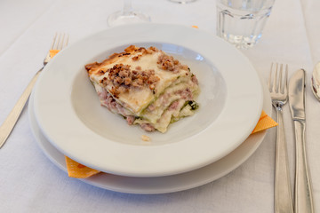 Bolognese lasagne close up view