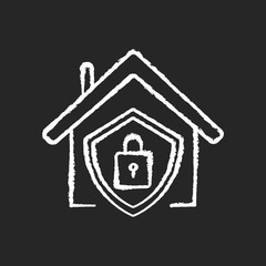 Smart home security system chalk white icon on black background. Modern house alarm. Building electronic lock. Burglary protection digital technology. Isolated vector chalkboard illustration