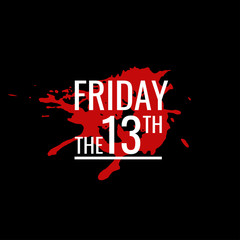Friday the 13th typography white text, blood red spot on black background. Thirteen month day calendar unlucky date. Mysterious logo, icon, sign for helloween banner, poster. Vector illustration
