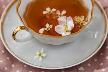 White porcelain tea cup with flowers on a white saucer