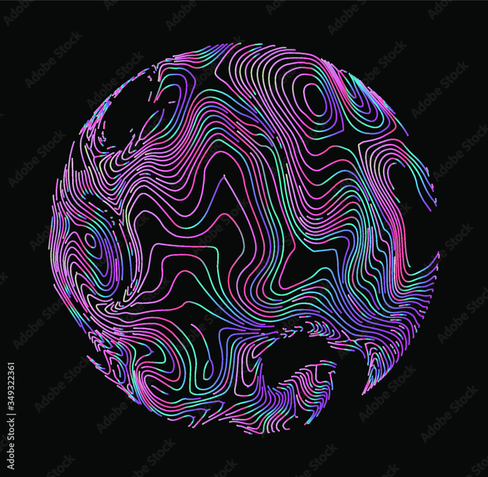 Poster Illuminated holographic circle with glitched wavy texture. Retrofuturistic illustration in 80s-90s synthwave and retrowave chromatic spectrum colors.