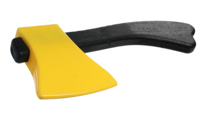 Plastic toy ax for bushcraft isolated on white background
