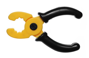 Plastic toy pliers, nippers isolated on white background