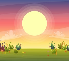 sunset park background, nature park or forest lawn glade and sunset sky sun violet and pink clouds. vector cartoon illustration landscape