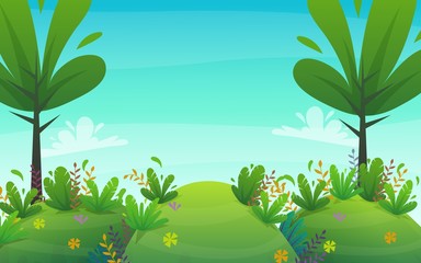 nature park background. green grass on the lawn field, bushes plants and flowers, trees landscape. comic book style vector scenery