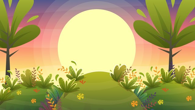 sunset park background, nature park or forest lawn glade and sunset sky sun violet and pink clouds. vector cartoon illustration landscape