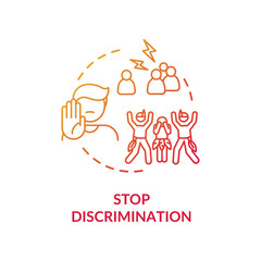 Stop discrimination red concept icon. Support cultural diversity. Respect for multi racial community. Human right idea thin line illustration. Vector isolated outline RGB color drawing