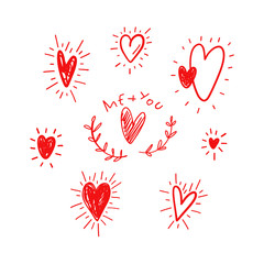 Funny doodle hearts icons collection. Hand drawn Valentines day, wedding design.
