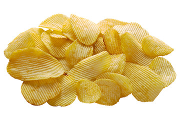 Image of sliced potato chips. Isolated on white background image of bunch of crisps. View from above.