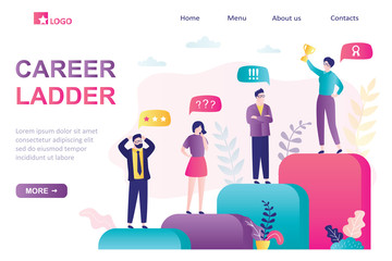Career ladder landing page. Success in business,corporate relations. Group of various businesspeople standing on stairs.
