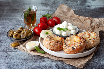 Plate with Burek, Cheese and Olives.Mediterranean style breakfast