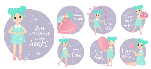 Set of cards with cute cartoon girl with turquoise hairs and dress with hearts. Valentine's day card, save the date greeting card. Vector illustration character design.With lettering