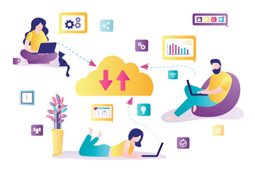 Cloud data storage. Group of business people working online. Download and upload data, information via internet.
