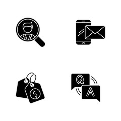 Social media recruitment black glyph icons set on white space. Looking for employee. Company recruitment. Corporate contact info. Pricetag for product. Silhouette symbols. Vector isolated illustration