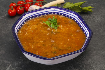 Caucasian Kharcho soup with beef meat