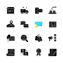 Social media story black glyph icons set on white space. Online shopping. Express delivery. Global shipping. Internet store. Top selling product. Silhouette symbols. Vector isolated illustration