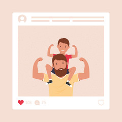 Happy father's day. Father with his son. Photo in the social network. Super dad. Vector illustration