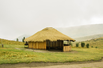 Panoramic view at the Pichincha volcano, with some native andes plants and a typical andean gut of straw, in the top of Pichincha mountain in Quito, Ecuador