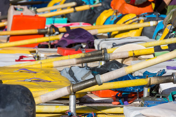 Oars in a line-up of rafts.