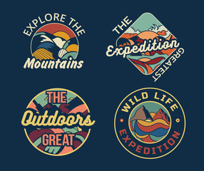 Set of four different camping logos or badges for the Mountains, an Expedition, the Great Outdoors and Wildlife, colored vector illustration