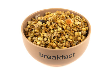Healthy breakfast plate, cereal granola food with nuts seed organic muesli morning diet oat meal isolated on white