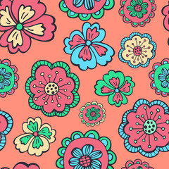 Hand drawn seamless pattern of blooming flowers, leaves with patterns. Spring floral set elements. Colorful doodle sketch illustration for design card, invitation, wallpaper, wrapping paper, fabric