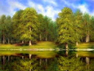 Digital oil paintings  landscape with trees and lake. Fine art.
