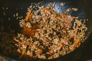 frying pan with meat