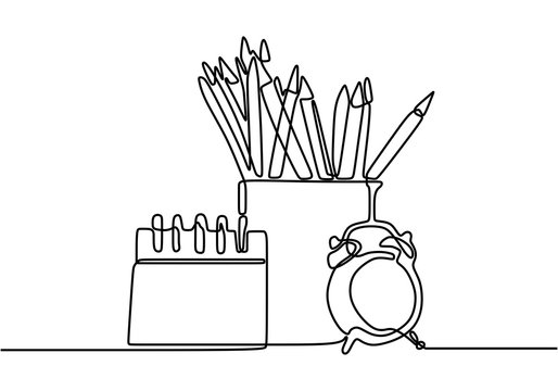 One continuous line drawing of pencil case, alarm clocks and calendar on office desk. Stationery for study and tidy on the table. Happy study. Smart education concept vector illustration.