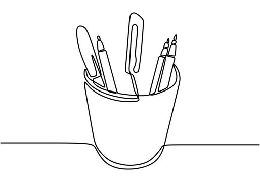 One continuous line drawing of pencil case, ruler, and marker on office desk. Stationery for study and tidy on the table. Happy study. Smart education concept vector illustration.