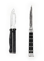 Handmade color drawing of contemporary folding butterfly knives collectibles