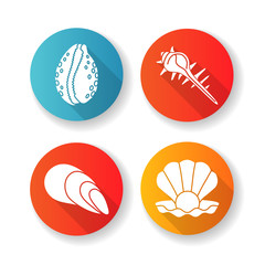 Different sea shells flat design long shadow glyph icons set. Seashells collection, conchology Open clam with pearl, spiked conch, cowrie and cone shells silhouette RGB color illustrations