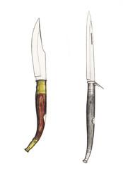 Handmade color drawing of contemporary folding knives collectibles