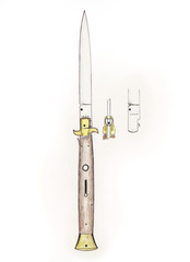 Handmade color drawing of contemporary folding knives collectibles
