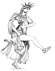 Figure in style of Statue of Liberty in kicking pose © Couperfield