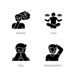 Mental state black glyph icons set on white space. Sense of wonder. Creative thinking. Man feeling calm. Fear from phobia. Person feeling shy. Silhouette symbols. Vector isolated illustration