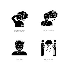 Human attitude black glyph icons set on white space. Man think in confusion. Person experience nostalgia. Hostility and aggression attitude. Silhouette symbols. Vector isolated illustration