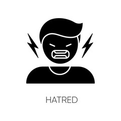 Hatred black glyph icon. Man aggressively shout. Person yell from irritation. Negative intense emotion. Feeling of rage. Silhouette symbol on white space. Vector isolated illustration
