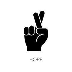 Obraz premium Hope black glyph icon. Crossed fingers for luck. Optimistic outlook. Positive mental attitude. Good expectation. Promise for possibility. Silhouette symbol on white space. Vector isolated illustration