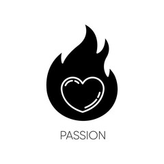 Passion black glyph icon. Intense positive emotion. Affection and lust. Desire from libido. Flaming heart. Eager and attraction. Silhouette symbol on white space. Vector isolated illustration