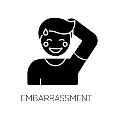 Embarrassment black glyph icon. Man acting shy. Feeling of humiliation. Self conscious behaviour. Nervous from modesty. Moral emotion. Silhouette symbol on white space. Vector isolated illustration