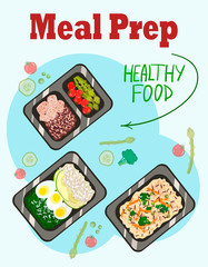 Vector illustration with a prepared meal. A portion of food in a container, snacks, and vegetables. Nutrition for a healthy lifestyle. Chicken, rice, vegetables, avocado. Cooking for a week.