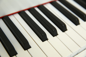 close frontal . The piano was set up in the music room to allow the pianist to rehearse before the classical piano performance in celebration of the great businessman's success .close-up of piano keys