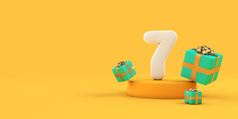 Happy 7th birthday number and gifts on a yellow podium. 3D Render